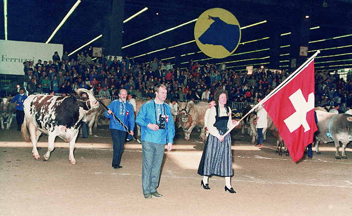 1982: Agriculture show in Paris (France) At this time Paris was the biggest agriculture show in the world with more than 1’000’000 visitors from more than 70 countries. Promotion of the “new” Red Holstein breed with the bull: Schrago Fire Nadir Red EX-90, son of Browndale Fire Red, lead by Jean-Louis Schrago.